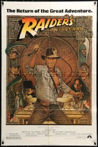 7y688 RAIDERS OF THE LOST ARK 1sh R1980s great art of adventurer Harrison Ford by Richard Amsel!