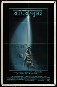 7y701 RETURN OF THE JEDI 1sh 1983 George Lucas, classic art of hands holding lightsaber by Reamer!