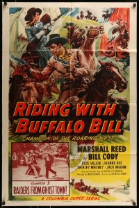 7y711 RIDING WITH BUFFALO BILL chapter 3 1sh 1954 Cody to the Rescue, cool Cravath serial art!