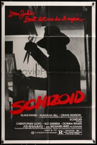 7y747 SCHIZOID 1sh 1980 cool silhouette of crazed madman Klaus Kinski attacking with scissors!