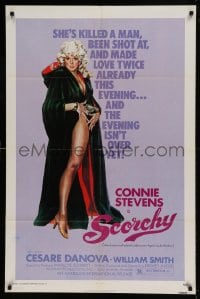 7y749 SCORCHY 1sh 1976 full-length art of sexiest barely-dressed Connie Stevens in black cape!
