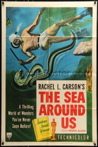 7y755 SEA AROUND US style A 1sh 1953 really cool art of diver fighting an eel!