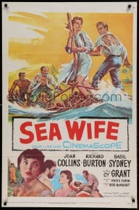 7y757 SEA WIFE 1sh 1957 great castaway art of sexy Joan Collins & Richard Burton on raft at sea!