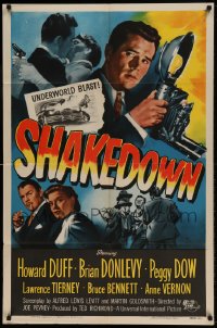 7y773 SHAKEDOWN 1sh 1950 Howard Duff, Brian Donlevy, Peggy Dow, great film noir art!