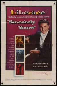 7y786 SINCERELY YOURS 1sh 1955 famous pianist Liberace brings a crescendo of love to empty lives!