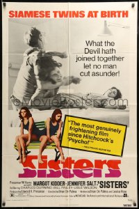 7y789 SISTERS 1sh 1973 Brian De Palma, Margot Kidder is a set of conjoined twins!