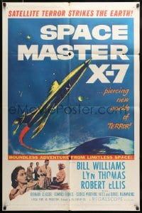7y811 SPACE MASTER X-7 1sh 1958 satellite terror strikes the Earth, cool art of rocket ship!