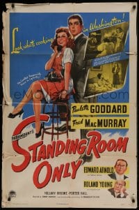 7y821 STANDING ROOM ONLY style A 1sh 1944 art of housemaid Paulette Goddard held by Fred MacMurray!