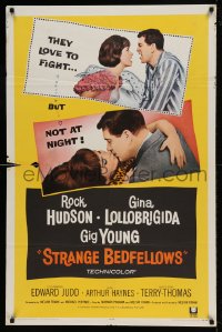 7y835 STRANGE BEDFELLOWS 1sh 1965 Gina Lollobrigida & Rock Hudson love to fight, but not at night!