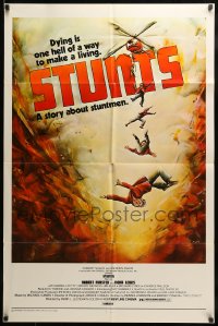 7y839 STUNTS 1sh 1977 Robert Forster, Fiona Lewis, cool art of stuntmen falling out of helicopter!