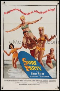 7y849 SURF PARTY 1sh 1964 when Beach Boys meet Surf Sweeties, it's a real swingin' splash of fun!