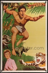 7y860 TARZAN 1sh 1960s cool jungle action art of Tarzan, Jane & wild animals!