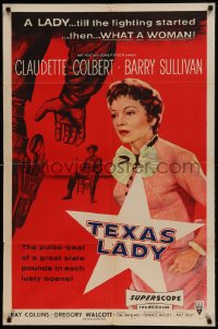 7y875 TEXAS LADY 1sh 1955 great close up art of Claudette Colbert, Barry Sullivan