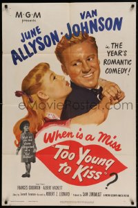 7y905 TOO YOUNG TO KISS 1sh 1951 great romantic close up of Van Johnson & June Allyson!