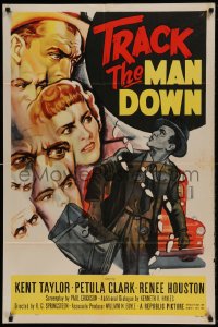 7y914 TRACK THE MAN DOWN 1sh 1955 cool art of detective Kent Taylor tracing footsteps, Petula Clark