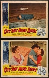 7z913 CITY THAT NEVER SLEEPS 2 LCs 1953 Gig Young, Mala Powers, Chicago!