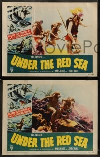 7z511 UNDER THE RED SEA 8 LCs 1952 cool border art of scuba divers & sexy swimmer fighting shark!