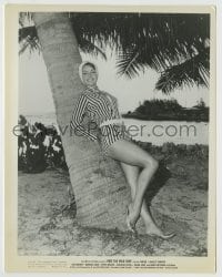 8a749 RIDE THE WILD SURF 8x10.25 still 1964 sexy Susan Hart full-length leaning on palm tree!
