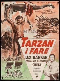 8b265 TARZAN'S PERIL Danish 1951 great different art of Lex Barker fighting in the title role!