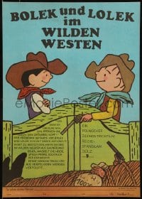 8b186 BOLEK & LOLEK IN THE WILD WEST East German 11x16 1988 cartoon art of two kids under big cowboy hat!