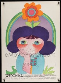 8b807 VERONICA Polish 23x33 1974 artwork of smiling woman in flower in head by Hanna Bodnar!