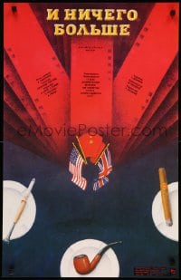 8b636 I NICHEGO BOLSHE Russian 20x32 1987 U.S. and British flag, cigarette, pipe and cigar art!