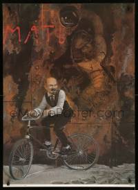 8b659 MOTHER Russian 27x37 1990 Vladimir Lenin riding bike through cement in front of icon of Jesus!