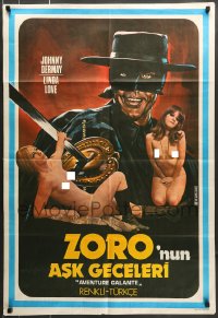 8b130 RED HOT ZORRO Turkish 1974 art of the masked hero pointing his sword at sexy babe!