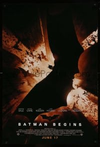8c096 BATMAN BEGINS advance 1sh 2005 June 17, image of Christian Bale in title role flying w/bats!