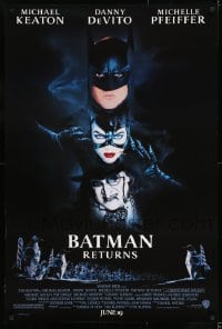 8c104 BATMAN RETURNS advance DS 1sh 1992 Burton, Keaton, cool white date design!