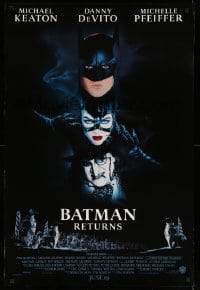 8c105 BATMAN RETURNS int'l advance 1sh 1992 Burton, Keaton, cool dark date design!