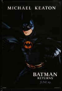 8c107 BATMAN RETURNS teaser 1sh 1992 Burton, Michael Keaton as caped crusader, cool dated design!