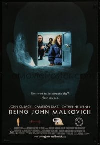 8c124 BEING JOHN MALKOVICH DS 1sh 1999 Spike Jonze directed, John Cusack, Diaz, wacky door in head!