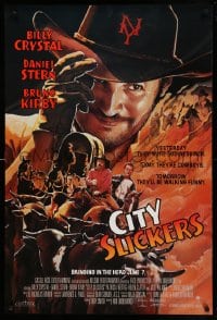 8c185 CITY SLICKERS advance 1sh 1991 great artwork of cowboys Billy Crystal & Daniel Stern!