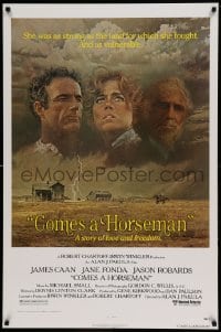 8c194 COMES A HORSEMAN 1sh 1978 art of James Caan, Jane Fonda & Jason Robards in sky by McGinnis!