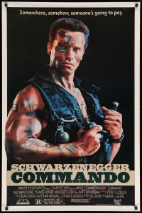 8c195 COMMANDO 1sh 1985 Arnold Schwarzenegger is going to make someone pay!