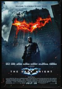 8c218 DARK KNIGHT advance DS 1sh 2008 Christian Bale as Batman, bat symbol in flaming building!