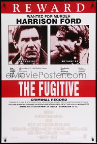 8c330 FUGITIVE recalled int'l 1sh 1990s Harrison Ford is on the run, cool wanted poster design!
