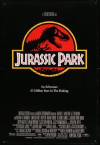 8c492 JURASSIC PARK 1sh 1993 Steven Spielberg, classic logo with T-Rex over red background
