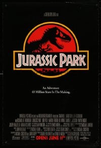 8c493 JURASSIC PARK advance DS 1sh 1993 Steven Spielberg, classic logo with T-Rex over red background