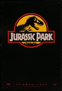 8c496 JURASSIC PARK teaser DS 1sh 1993 Steven Spielberg, logo with T-Rex over yellow background!
