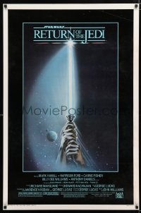 8c731 RETURN OF THE JEDI 1sh 1983 George Lucas, art of hands holding lightsaber by Tim Reamer!