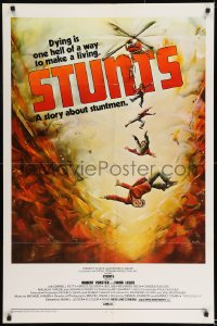 8c881 STUNTS 1sh 1977 Robert Forster, Fiona Lewis, cool art of stuntmen falling out of helicopter!