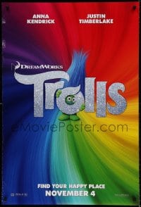 8c926 TROLLS style A teaser DS 1sh 2016 Kendrick, Timberlake, Cleese, find your happy place!