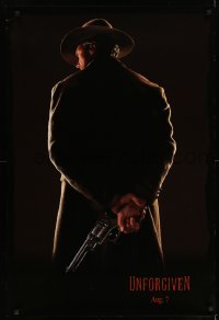 8c945 UNFORGIVEN teaser 1sh 1992 image of gunslinger Clint Eastwood w/back turned, dated design!