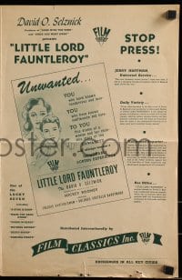 8d250 LITTLE LORD FAUNTLEROY pressbook R1944 Freddie Bartholomew, Dolores Costello