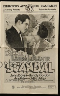 8d372 SCANDAL pressbook 1929 cool romantic art of Laura LaPlante & John Boles over newspaper!