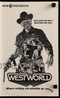 8d482 WESTWORLD pressbook 1973 Michael Crichton, cool artwork of cyborg Yul Brynner by Neal Adams!