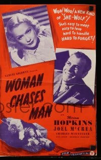 8d488 WOMAN CHASES MAN pressbook R1946 great images of she-wolf Miriam Hopkins & Joel McCrea!