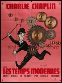 8f779 MODERN TIMES French 1p R1970s Leo Kouper art of Charlie Chaplin running by giant gears!